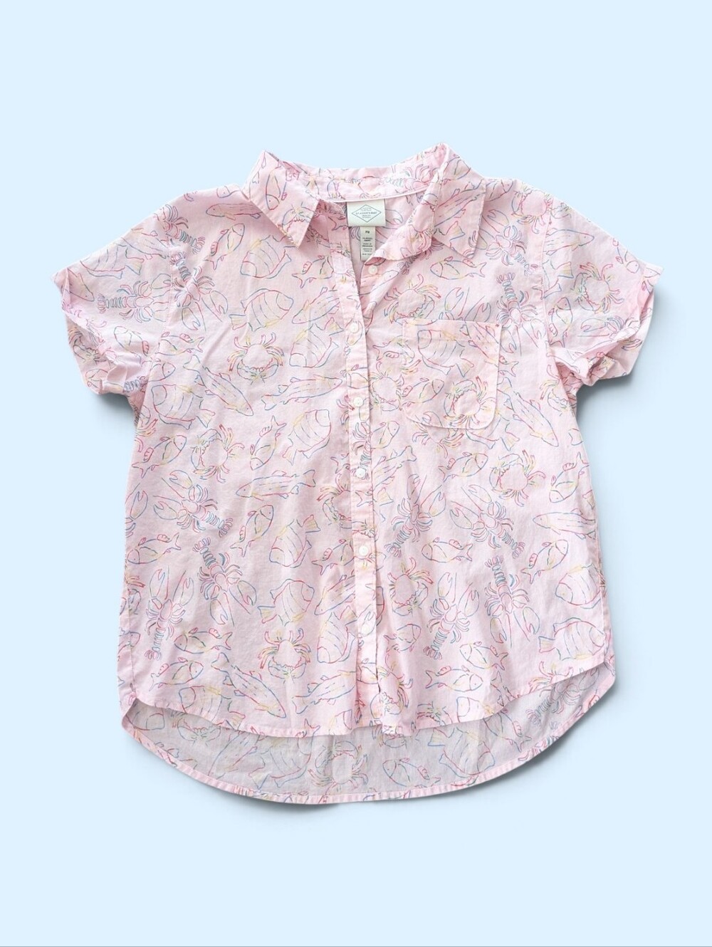 Pink Fisherman Button Up Shirt Womens PM Crab Fish Seashell Beach Coastal Cotton